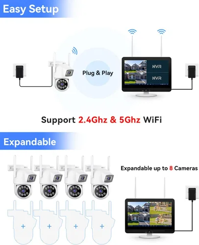 Miniatura 4 de Sistema de cámara de seguridad inalámbrico para exteriores con monitor de 12 pulgadas, 4 cámaras de doble lente 2K para vigilancia doméstica