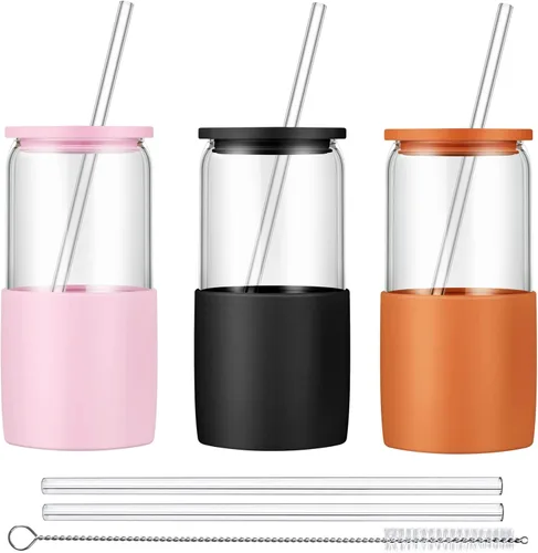 Miniatura 13 de Sunseeke Vaso de vidrio con popote y tapa, taza de café helado de 16oz, manga de silicona y cepillos de limpieza, vasos para agua, café helado