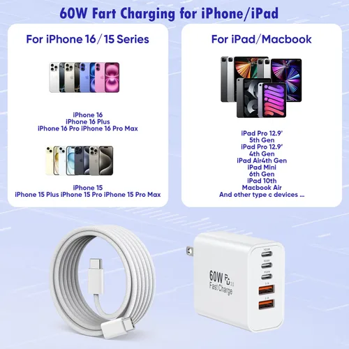 Miniatura 3 de Bloque de carga rápida para iPhone 17/16, paquete de 2 bloques de carga USB de 60 W, adaptador de carga de 5 puertos para Apple iPhone cargador