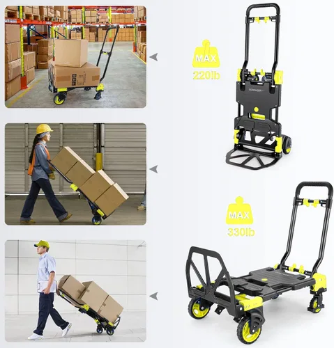 Miniatura 3 de Carretilla de Mano Plegable 2 en 1 Capacidad de Carga de 330 Libras, Carretilla de Mano Plegable con Mango Retráctil y 4 Ruedas de Goma, Carrito