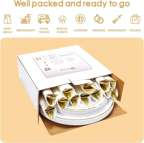 Miniatura 5 de Platos de plástico dorado y cubiertos desechables con servilletas enrolladas, vajilla resistente para fiestas en casa, incluye platos llanos