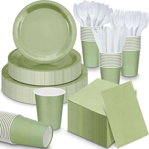 Dandat 400 piezas de suministros de fiesta para 50 invitados, platos de papel verde salvia y servilletas desechables verde salvia, decoraciones de
