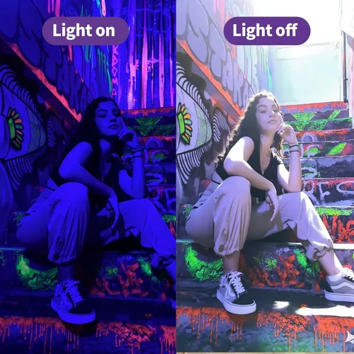 Miniatura 5 de Paquete de 2 luces negras alimentadas por batería para fiesta brillante, luces UV inalámbricas para Halloween, tira de luz UV portátil
