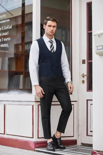 Miniatura 3 de COOFANDY Chaleco de traje para hombre, ajustado, doble botonadura, chaleco formal de negocios