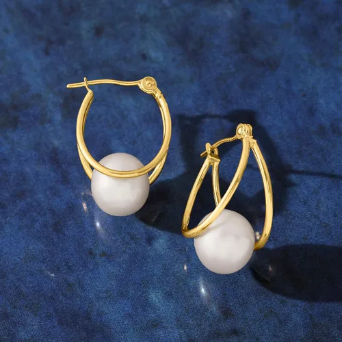 Miniatura 6 de Ross-Simons 8-9mm Cultured Pearl Double-Hoop Earrings in 14kt Yellow Gold. 34