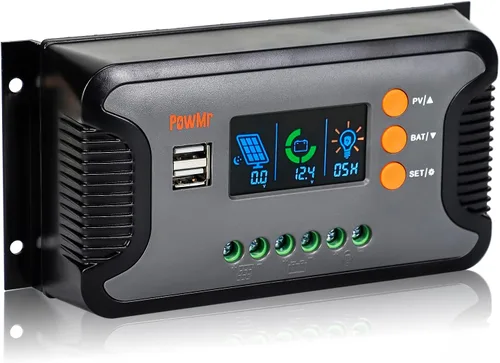 PowMr controlador de carga solar PWM de 30A, 12V 24V 36V 48V Auto, pantalla LCD y salida USB dual, apto para baterías AGM, Gel, FLD, de plomo-ácido