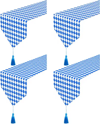 Wehhbtye 4 Pack Oktoberfest Table Runner with Tassels, 71'' x 12'' Blue Checkered Beer Festival Table Runners, Oktoberfest Dresser Scarves
