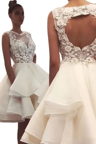 Miniatura 4 de Vestido corto de tul con apliques de encaje para adolescentes, cuello en V, vestido de cóctel acampanado
