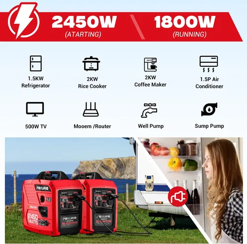 Miniatura 5 de Generador inversor de combustible dual de 2450 vatios para uso doméstico, tanque de combustible grande de 1.6 galones hasta 8.3 horas de uso