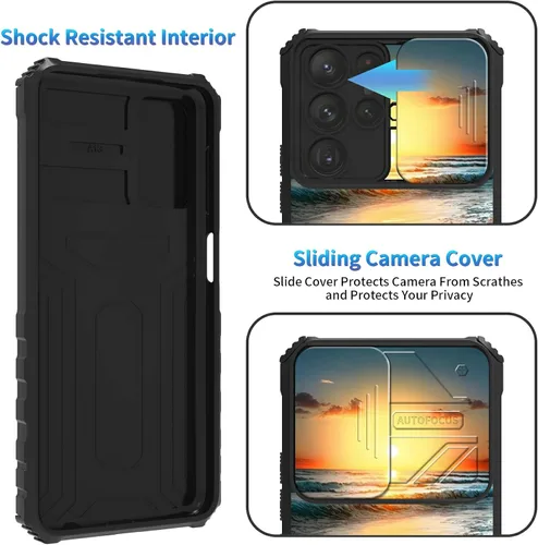 Miniatura 1056 de Funda para Samsung Galaxy S22 Ultra 5G, Galaxy S22 Ultra con cubierta de cámara deslizante, funda resistente de doble capa con función atril Black