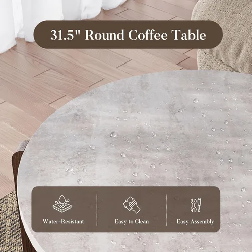 Miniatura 5 de COSIEST - Juego de mesa auxiliar redonda moderna y mesa auxiliar, tapa de madera con aspecto de mármol falso, patas de nogal y crema blanca, mesa