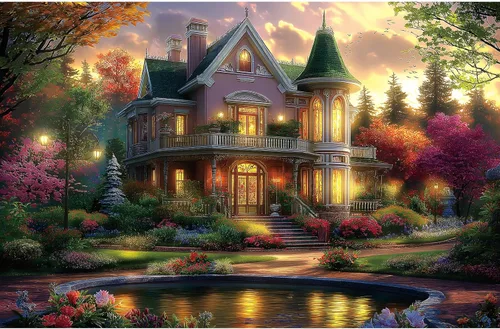 Miniatura 6 de Victorian House Sunset - Rompecabezas de 500 piezas para adultos, rompecabezas con flores de otoño y paisaje escénico, rompecabezas desafiantes Casa