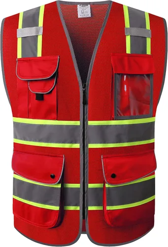 Miniatura 15 de JKSafety Chaleco de seguridad frontal con cremallera de alta visibilidad de 9 bolsillos de color dual MESH Lite Tira reflectante con ribete