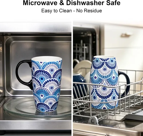 Miniatura 4 de Topadorn Taza de café de cerámica de 17 onzas con tapa y caja de regalo, taza de té de porcelana con plumas de pavo real Art Deco, apta para Azul