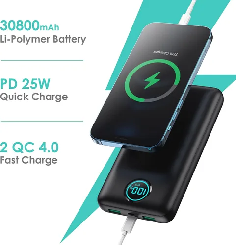 Miniatura 7 de Cargador portátil de 30,800 mAh PowerBank con 3 salidas, 25 W PD de carga rápida + QC 4.0 cargador de batería de carga rápida de teléfono, cargador