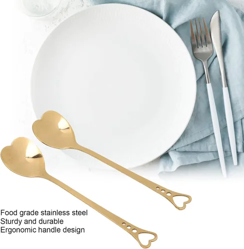 Miniatura 2 de Pssopp 2 cucharas de postre de café, diseño en forma de corazón, cuchara de metal para agitar, té, postre, bebidas, helado, Oro, Moderno