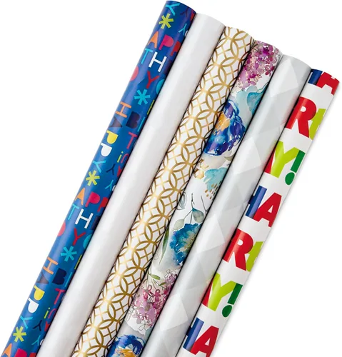 Hallmark Rollos de papel de regalo de cumpleaños para graduación, boda, baby shower, despedida de soltera, papel de regalo floral, blanco y dorado y