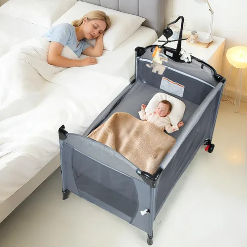 Miniatura 7 de MMBABY Paquete 5 en 1 cuna portátil para bebé, cuna multifunción para recién nacidos a niños pequeños, cambiador de pañales en forma de U, corral