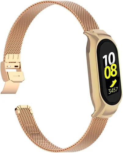 Miniatura 8 de Correa de reloj de metal compatible con Samsung Galaxy Fit2 SM-R220 de acero inoxidable con marco de bisel protector con diseño de malla