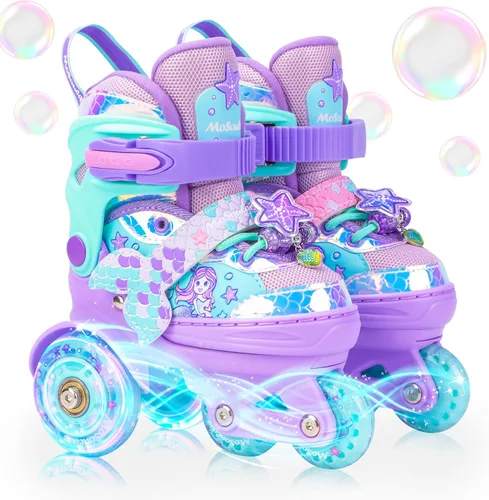Miniatura 11 de Patines de Sirena para Niñas, MoSoulais 4 Tamaños Ajustables con Ruedas Iluminadas para Niños Pequeños, Patines para Mujeres Principiantes Púrpura
