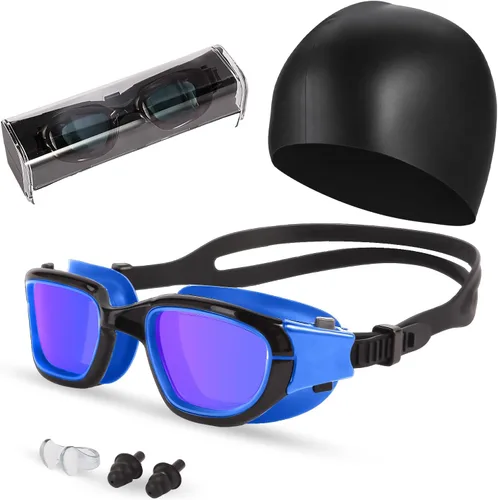 Miniatura 13 de Gafas de natación, gafas para adultos con gorro de natación, clip de nariz y tapones para los oídos, protección UV, lente antivaho y funda