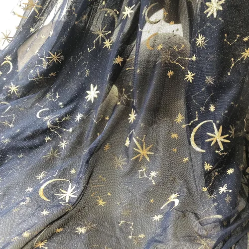 The Yard - Tela de encaje de estrellas doradas bordadas con estrellas y luna, azul marino, para disfraz celestial, decoración del hogar, 5 yardas