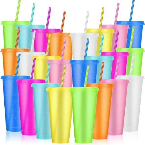 Miniatura 10 de Paquete de 24 vasos de plástico con tapas y popotes, vasos reutilizables con tapas y popotes, vasos coloridos para bebidas frías y café helado
