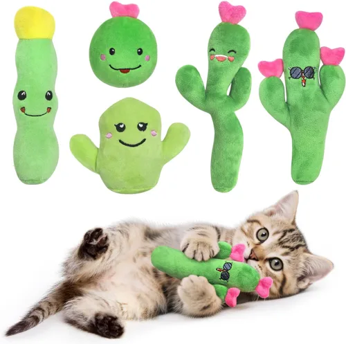 Catnip - Juguetes para gatos con forma de cactus, sonido arrugado, paquete de 5 juguetes interactivos para masticar gatitos para gatos de interior,