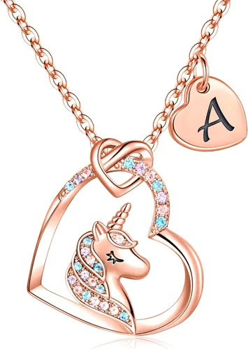 Hidepoo - Collar de unicornio para niñas, regalo para hija, collar con dije con inicial colorido de circonita con forma de corazón, para