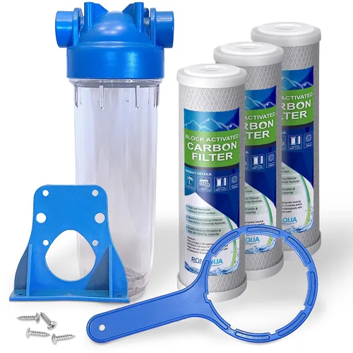 Sistema de filtro de agua para toda la casa de diseño europeo transparente estándar de 10 pulgadas con válvula de alivio de presión, puerto de latón