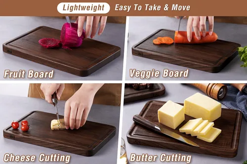 Miniatura 5 de AZRHOM Tabla de cortar de madera de nogal, tablas de cortar pequeñas de madera de 12 x 8 pulgadas con ranura profunda para jugo y mango lateral