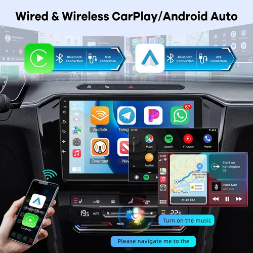 Miniatura 3 de [2G+64G] Estéreo de coche Android de doble DIN de 10.1 pulgadas, radio de pantalla táctil de 10 pulgadas con CarPlay inalámbrico y cableado/Android