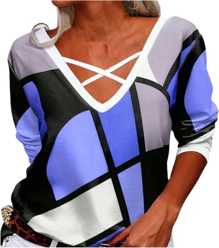 Miniatura 2 de Camiseta de verano para mujer, con estampado gráfico geométrico, bloque de color, a la moda, camiseta de moda con cuello en V y cuerda cruzada