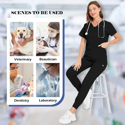 Miniatura 5 de niaahinn Conjunto de traje médico para mujer, moderno con cuello en V, pierna con cordón, pantalones deportivos, uniformes médicos de enfermería