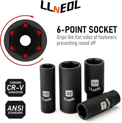 Miniatura 9 de LLNEDL Juego de llaves de impacto 3/8 Drive, 95 piezas de llave de vaso de impacto profundo y superficial, 6 puntos métricos y estándar completo