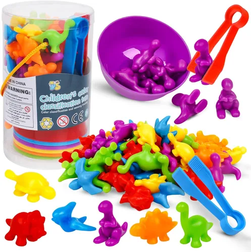 Juguetes de clasificación de colores de dinosaurios con cuencos de arcoíris, entrenamiento sensorial y actividad de conteo Montessori, actividades