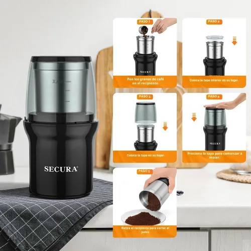 Miniatura 7 de Secura - Molinillo eléctrico para especias, cuencos duales de acero inoxidable para molienda húmeda y seca, uso múltiple para especias y café