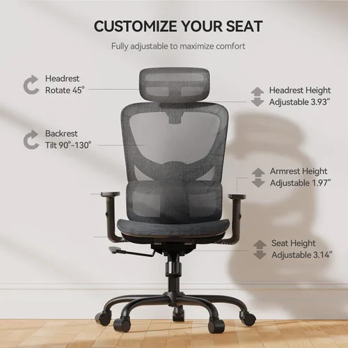 Miniatura 6 de NOBLEWELL Silla de oficina ergonómica de malla con ajuste flexible, soporte lumbar, silla de computadora de escritorio con respaldo alto
