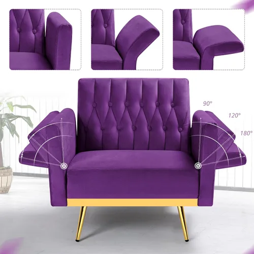 Miniatura 4 de Silla de terciopelo Accent con apoyabrazos y respaldo ajustables, sillón de ocio con botones acolchados, sillón reclinable individual con otomano