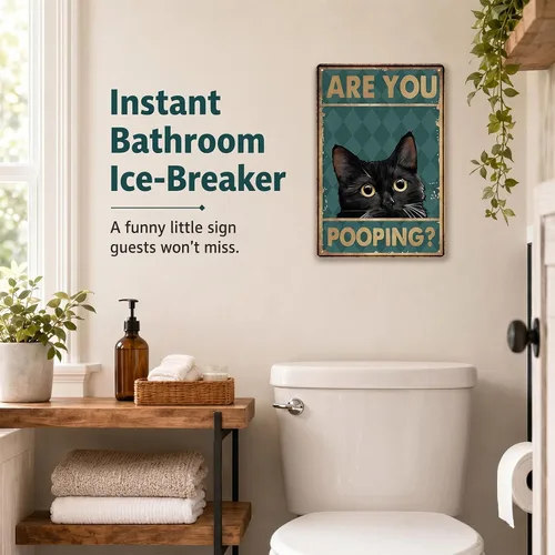 Miniatura 2 de Cartel de decoración de baño de gato negro divertido de 8 x 12 pulgadas, arte de pared de metal, letrero de "Are You Pooping", letrero de baño