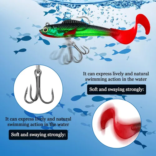 Miniatura 4 de Skylety 24 señuelos de pesca, señuelos de plástico suave para lubina, cabeza de jig, Swimbait, kit de aparejos de plástico suave realista para agua