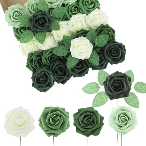 Miniatura 28 de DuHouse 25 rosas artificiales con tallos, flores de espuma de tacto real para bricolaje, ramo de boda, centro de mesa, arreglo floral, fiesta, Verde