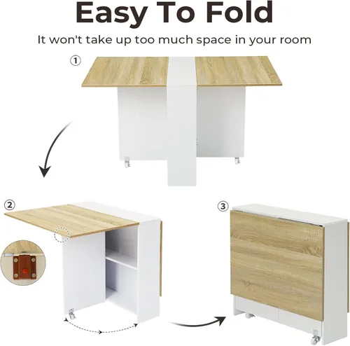 Miniatura 6 de Mesa de comedor plegable Tiptiper con 6 ruedas, mesa de comedor de hojas abatibles con estantes de almacenamiento, mesa de cocina plegable