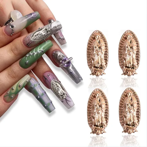 Miniatura 7 de 20 dijes de uñas de Virgen María en relieve 3D, diamantes de Virgen De Guadalupe para decoración de uñas y fabricación de joyas para mujeres Dorado