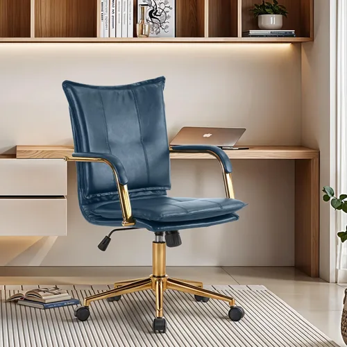 MOJAY Silla de Oficina Ergonómica de Cuero con Respaldo Medio, Silla de Escritorio Ejecutiva Moderna Tapizada con Marco Dorado, Reposabrazos, Silla