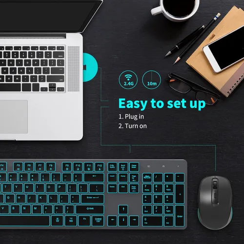 Miniatura 4 de Teclado inalámbrico silencioso y mouse retroiluminado, combo de teclado plano silencioso recargable, mouse Jiggle, mouse delgado inalámbrico de 2.4