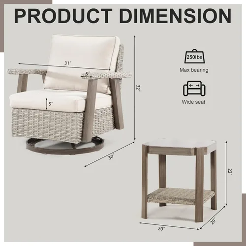 Miniatura 3 de Joyside Silla de patio con mesa auxiliar, juego de muebles de mimbre para patio, 2 piezas, silla mecedora giratoria de 360 grados para exteriores