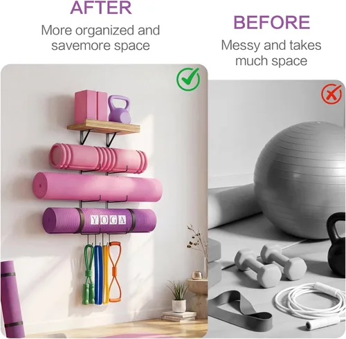 Miniatura 7 de Bikoney Soporte para Esterilla de Yoga Montaje en Pared Almacenamiento de Esterilla de Yoga Accesorios de Gimnasio en Casa con Estantes Flotantes