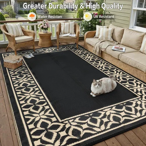 Miniatura 7 de PureCozy Alfombra de paja de plástico para exteriores, color negro, beige, grande, impermeable, para patio, 5 x 8 pulgadas, geométrica, reversible