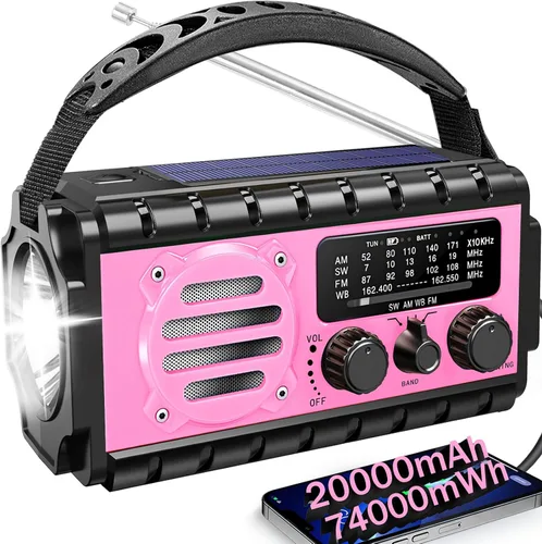 Miniatura 9 de Radio de emergencia con manivela de 20000 mAh, radio meteorológica SW/NOAA/AM/FM, cargador de manivela alimentado por energía solar con batería